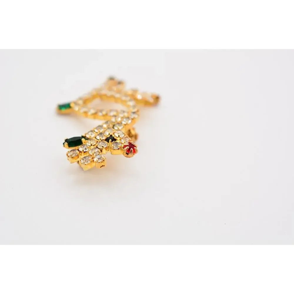 Vintage Crystal Reindeer Pin Brooch Rhinestone Gold Tone Christmas 1980s BinAT